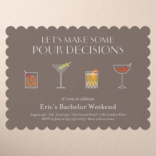 Pour Decisions Bachelor Party Invitation, Brown, 5x7 Flat, Pearl Shimmer Cardstock, Scallop
