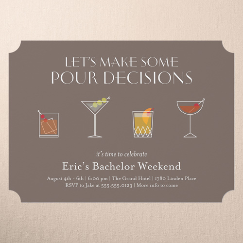 Pour Decisions Bachelor Party Invitation, Brown, 5x7 Flat, Pearl Shimmer Cardstock, Ticket