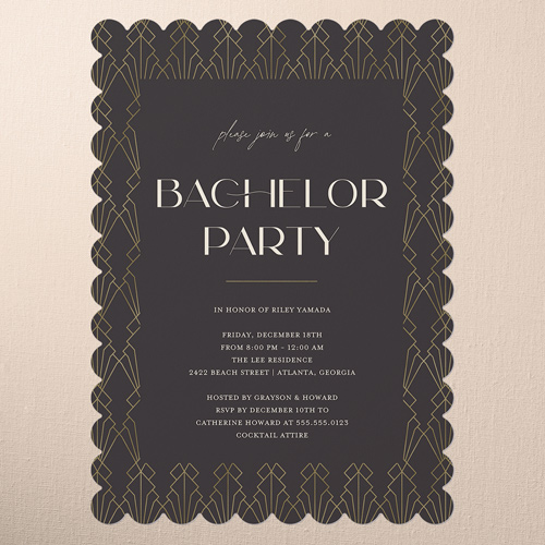 Deco Decor Bachelor Party Invitation, Black, 5x7 Flat, Matte, Signature Smooth Cardstock, Scallop