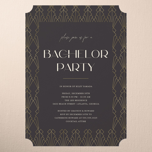 Deco Decor Bachelor Party Invitation, Black, 5x7 Flat, Pearl Shimmer Cardstock, Ticket