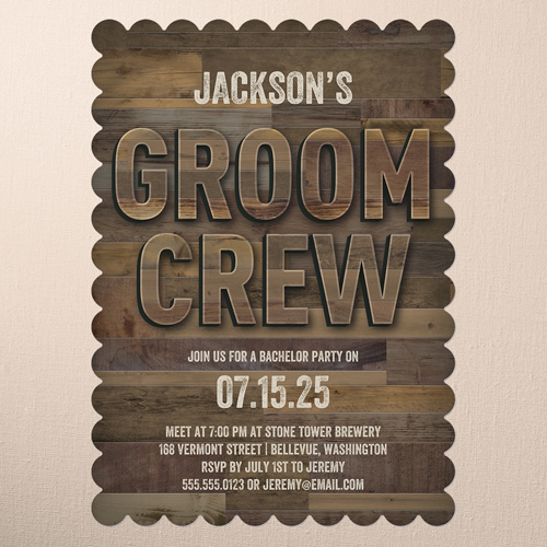 Groom Crew Bachelor Party Invitation, Brown, 5x7 Flat, Matte, Signature Smooth Cardstock, Scallop