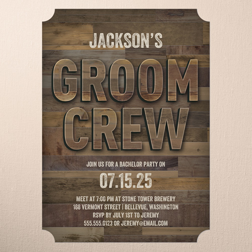 Groom Crew Bachelor Party Invitation, Brown, 5x7 Flat, Pearl Shimmer Cardstock, Ticket