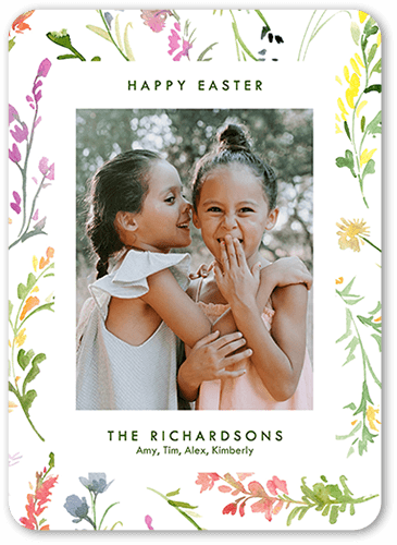 Flowery Border Easter Card, White, 5x7 Flat, Pearl Shimmer Cardstock, Rounded