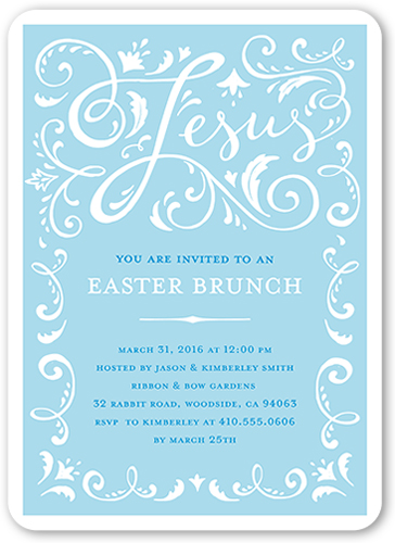 Ornate Swirls Easter Invitation, Blue, 100% Recycled Cardstock , Rounded, Waterfall
