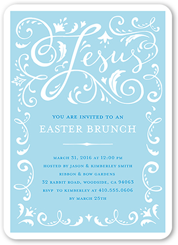 Ornate Swirls Easter Invitation, Blue, Pearl Shimmer Cardstock, Rounded