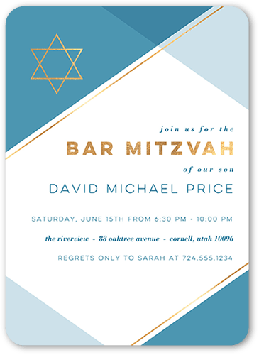 Bright Diagonal Bar Mitzvah Invitation, Blue, 5x7 Flat, 100% Recycled Cardstock , Rounded