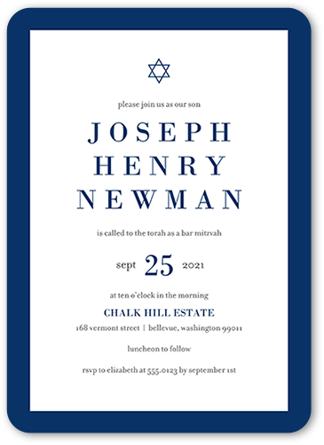 Bold Color Frame Bar Mitzvah Invitation, White, 5x7 Flat, Standard Smooth Cardstock, Rounded, White