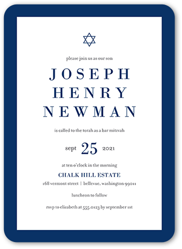 Bold Color Frame Bar Mitzvah Invitation, White, 5x7 Flat, Pearl Shimmer Cardstock, Rounded