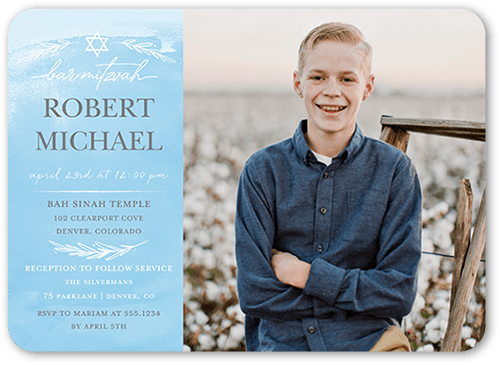 Vivid Watercolor Bar Mitzvah Invitation, Blue, 5x7 Flat, Standard Smooth Cardstock, Rounded, Waterfall