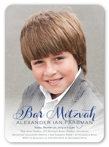 Bar Mitzvah Overlay Bar Mitzvah Invitation, Blue, Pearl Shimmer Cardstock, Rounded, Dark Blue