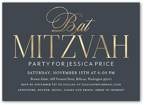Radiant Text Bat Mitzvah Invitation, Gray, 5x7 Flat, Matte, Signature Smooth Cardstock, Square