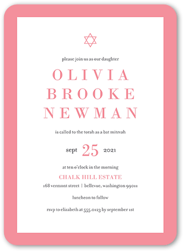 Bright Color Frame Bat Mitzvah Invitation, White, 5x7 Flat, Standard Smooth Cardstock, Rounded