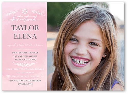 Gradient Laurel Bat Mitzvah Invitation, Pink, 5x7 Flat, Matte, Signature Smooth Cardstock, Square