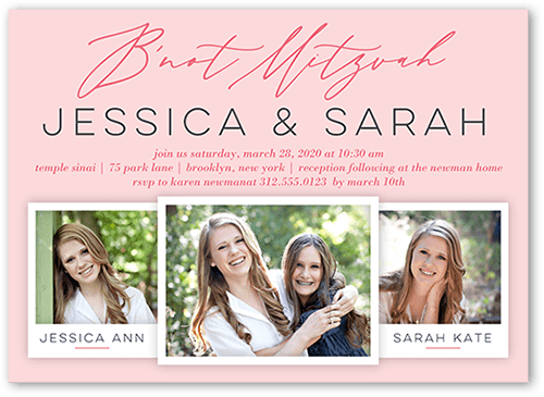 Bright Snapshot Bat Mitzvah Invitation, Pink, 5x7 Flat, Pearl Shimmer Cardstock, Square, Blush Pink