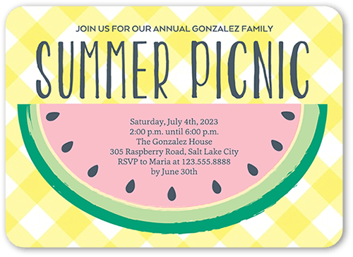 Watermelon Picnic Summer Invitation, Yellow, 5x7 Flat, Pearl Shimmer Cardstock, Rounded