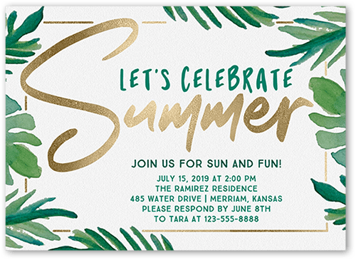 Lets Celebrate Summer Invitation, White, 5x7 Flat, Pearl Shimmer Cardstock, Square