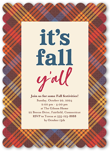 Fall Yall Fall Invitation, White, 5x7 Flat, Pearl Shimmer Cardstock, Scallop