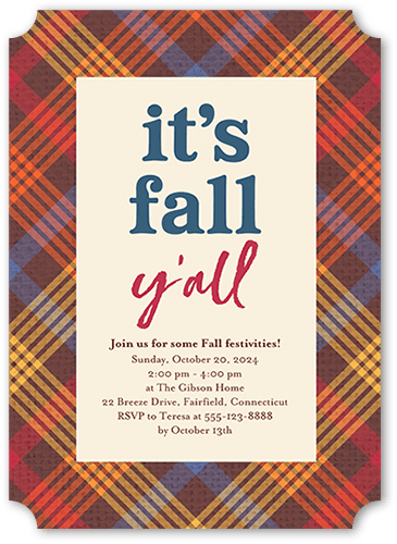 Fall Yall Fall Invitation, White, 5x7, Pearl Shimmer Cardstock, Ticket