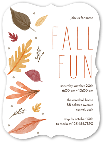 Falling Fronds Fall Invitation, White, 5x7 Flat, Pearl Shimmer Cardstock, Bracket