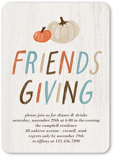Rustic Friendsgiving Fall Invitation, White, 5x7 Flat, 100% Recycled Cardstock , Rounded