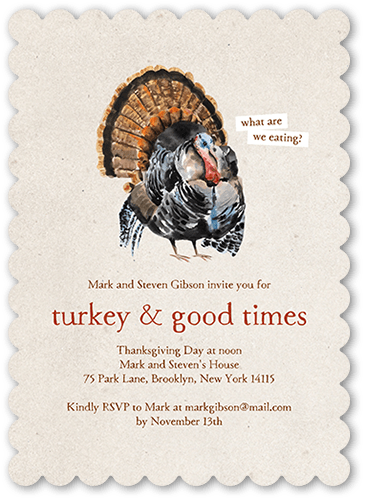 Turkey Times Fall Invitation, Beige, 5x7 Flat, Pearl Shimmer Cardstock, Scallop