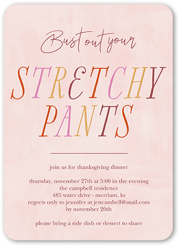 Stretchy Pants Fall Invitation, Pink, 5x7 Flat, Pearl Shimmer Cardstock, Rounded, Chenille
