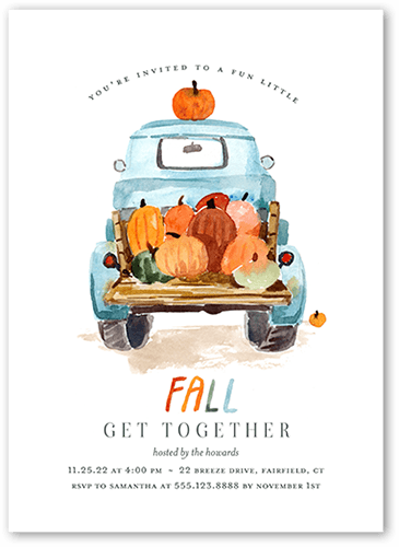 Pumpkin Truck Fall Invitation, White, 5x7 Flat, Luxe Double-Thick Cardstock, Square