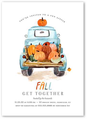 Pumpkin Truck Fall Invitation, White, 5x7 Flat, 100% Recycled Cardstock , Square, White
