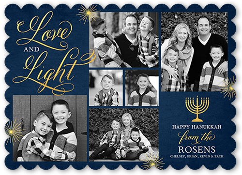 Flourished Love And Light Hanukkah Card, Blue, Hanukkah, Pearl Shimmer Cardstock, Scallop