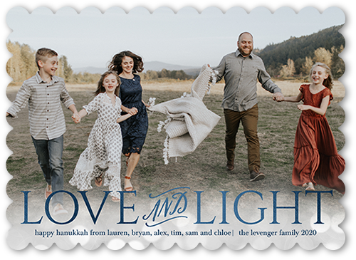 Love And Light Bokeh Hanukkah Card, Blue, Hanukkah, Pearl Shimmer Cardstock, Scallop