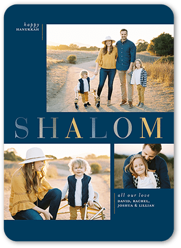 Bright Shalom Hanukkah Card, Blue, 5x7 Flat, Hanukkah, Pearl Shimmer Cardstock, Rounded