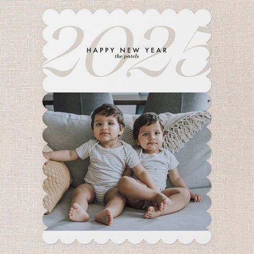 Large Year Header New Year's Card, White, 5x7 Flat, New Year, Pearl Shimmer Cardstock, Scallop