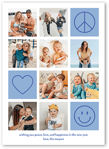 Fun Icons New Year's Card, Blue, 5x7 Flat, Write Your Own, 100% Recycled Cardstock , Square