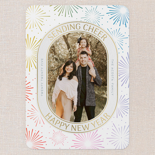 Festive Fireworks New Year's Card, Pink, 5x7 Flat, New Year, Pearl Shimmer Cardstock, Rounded