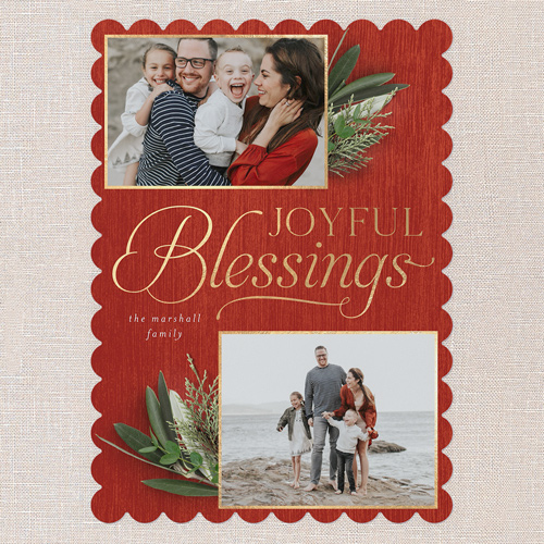 Evergreen Blessings Religious Christmas Card, Red, 5x7 Flat, Religious, Pearl Shimmer Cardstock, Scallop