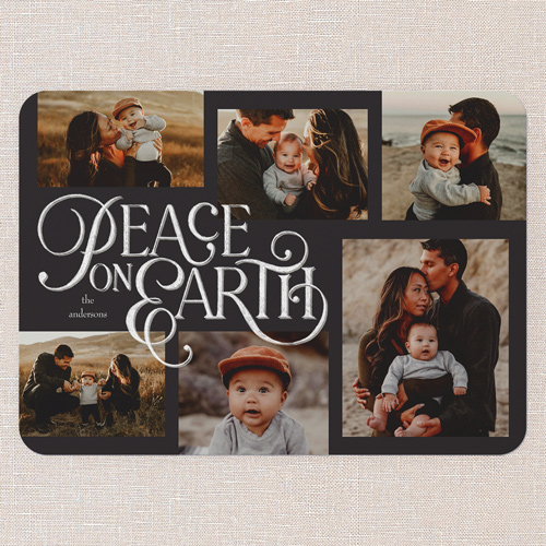 Peaceful Script Religious Christmas Card, Black, 5x7 Flat, Religious, Pearl Shimmer Cardstock, Rounded, Black