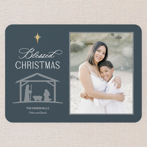 Holy Night Greetings Religious Christmas Card, Blue, 5x7 Flat, Religious, Pearl Shimmer Cardstock, Rounded, Indigo