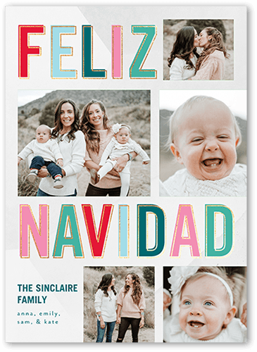 Bright Feliz Tarjeta de Navidad, Blue, 5x7 Flat, Feliz Navidad, Pearl Shimmer Cardstock, Square