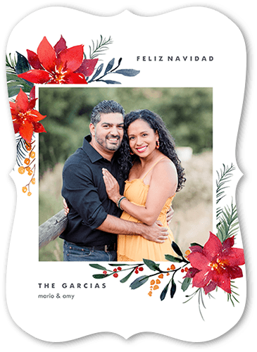 Poinsettia Corners Tarjeta de Navidad, White, 5x7 Flat, Feliz Navidad, 100% Recycled Cardstock , Bracket