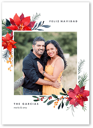 Poinsettia Corners Tarjeta de Navidad, White, 5x7 Flat, Feliz Navidad, 100% Recycled Cardstock , Square