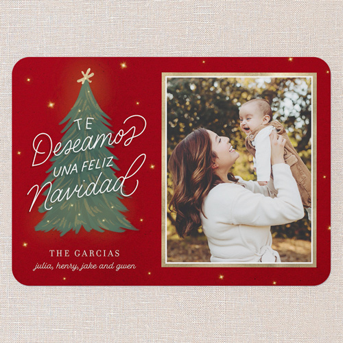 Lovely Tree Tarjeta de Navidad, Red, 5x7 Flat, Feliz Navidad, Pearl Shimmer Cardstock, Rounded, Cinnamon