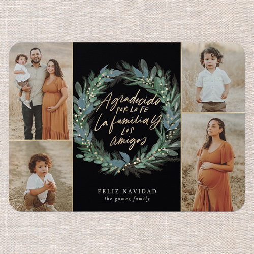 Wonderous Wreath Tarjeta de Navidad, Black, 5x7 Flat, Feliz Navidad, Matte, Signature Smooth Cardstock, Rounded, Black