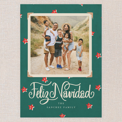 Festive Poinsettia Tarjeta de Navidad, Green, 5x7 Flat, Feliz Navidad, Pearl Shimmer Cardstock, Square, Tropical