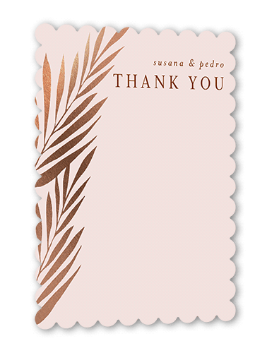 Brilliant Pampas Wedding Thank You Card, Brown, Rose Gold Foil, 5x7 Flat, Pearl Shimmer Cardstock, Scallop