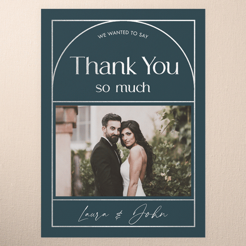 Geometric Impression Wedding Thank You Card, Blue, Silver Foil, 5x7 Flat, Luxe Double-Thick Cardstock, Square, Seabrook