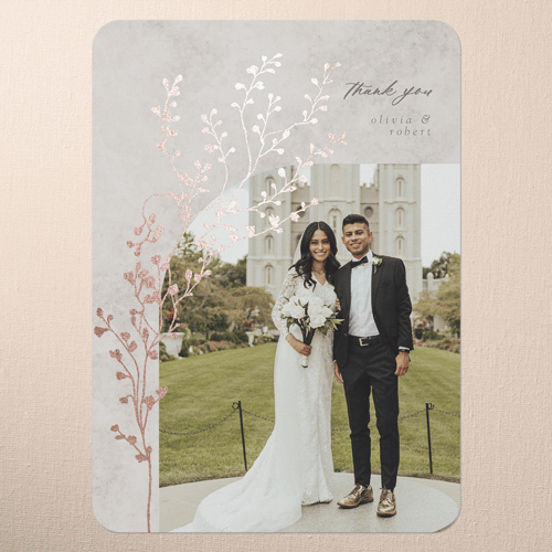 Beaming Branch Wedding Thank You Card, Rose Gold Foil, Gray, 5x7 Flat, Pearl Shimmer Cardstock, Rounded, Gray