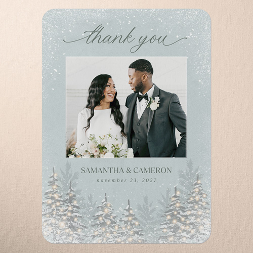Snowy Wonderland Wedding Thank You Card, Green, 5x7 Flat, 100% Recycled Cardstock , Rounded, Green