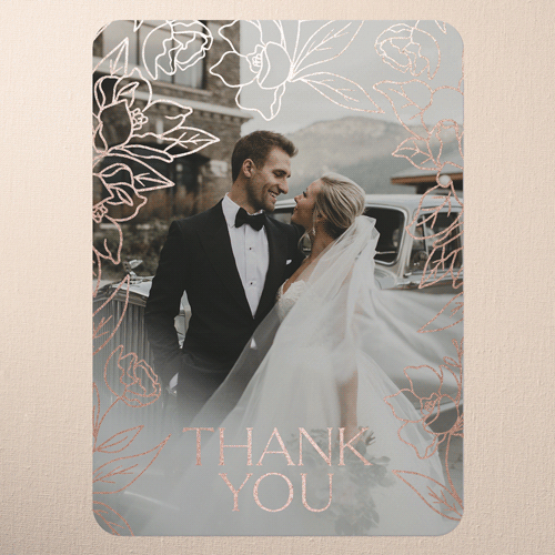 Floral Fantasy Wedding Thank You Card, Rose Gold Foil, Beige, 5x7 Flat, Pearl Shimmer Cardstock, Rounded