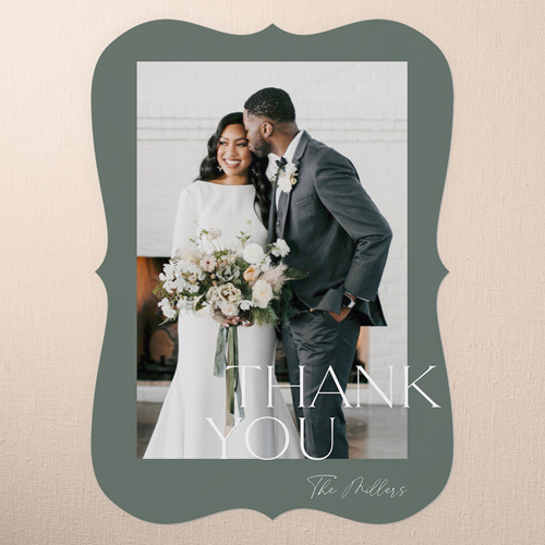 Staggered Type Wedding Thank You Card, Green, 5x7 Flat, Pearl Shimmer Cardstock, Bracket