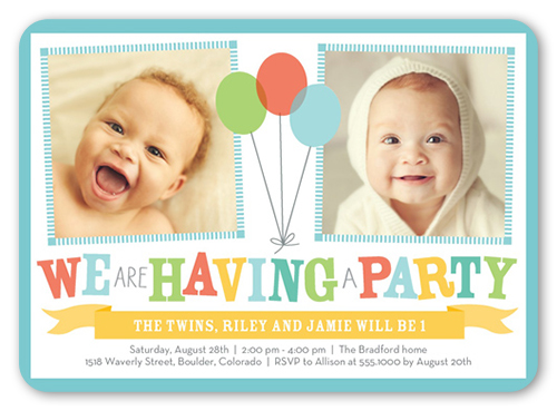 Bright Balloons Twin Birthday Invitation, Blue, White, Pearl Shimmer Cardstock, Rounded
